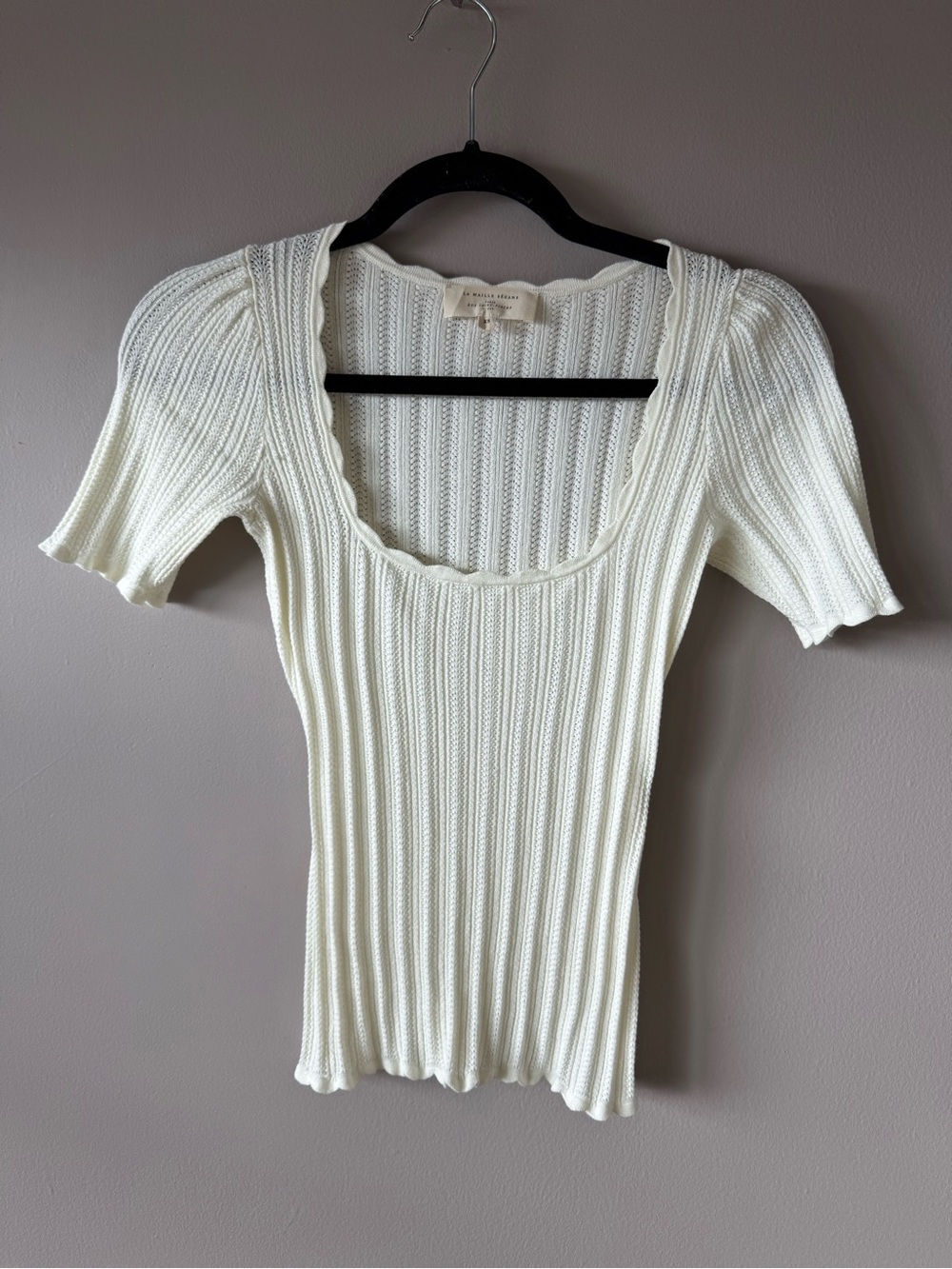 Sézane Women’s Ivory Cream Pointelle Scalloped Scoop Neck Knit Top Size XS